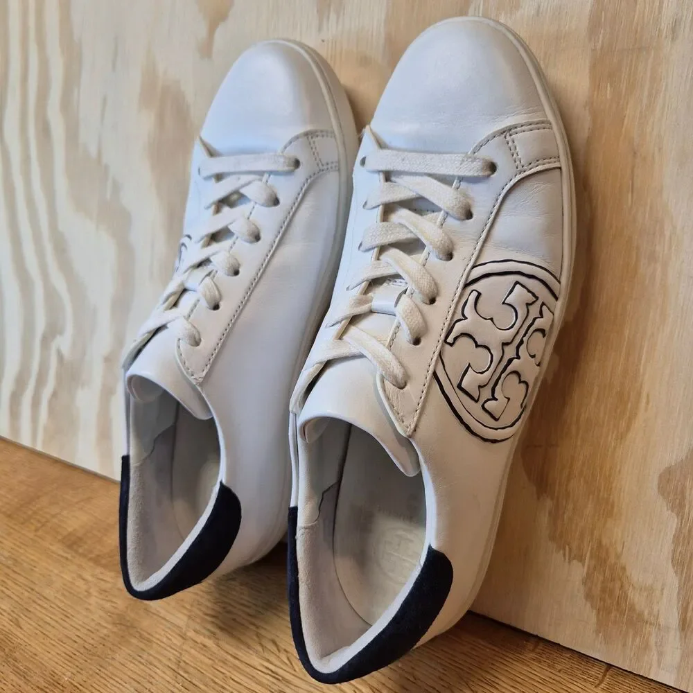 Tory Burch Women's T Logo Leather Sneakers White Navy Size 7M Low Top